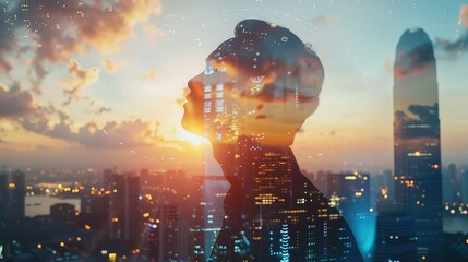 The double exposure image of the businessman looking up during sunrise overlay with cityscape image and futuristic hologram - obrazy, fototapety, plakaty