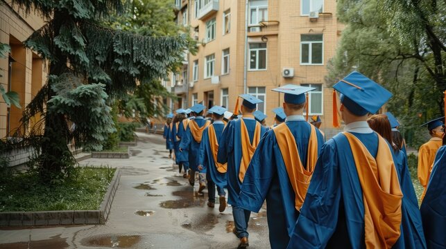 The back of the graduates are walking to attend the graduation ceremony at the university,Concept of Successful Education in Hight School,Congratulated Degree