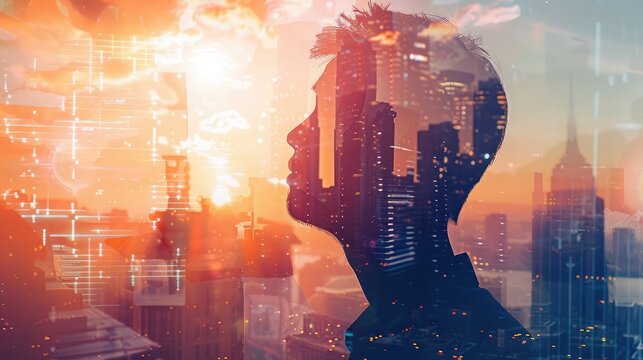 The double exposure image of the businessman looking up during sunrise overlay with cityscape image and futuristic hologram