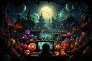a person is sitting in front of a computer surrounded by pumpkins and ghosts - obrazy, fototapety, plakaty