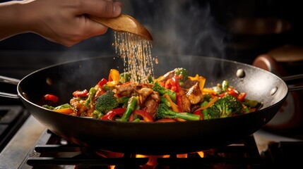 Cooking Asian stir-fry Sirloin with broccoli vegetables and various delicious traditional spices