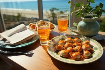 Table set with plates of food and drinks overlooking the ocean - obrazy, fototapety, plakaty
