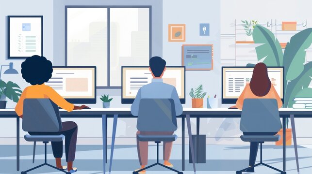 illustration of people in a daytime office working on their computers in high resolution and high quality HD