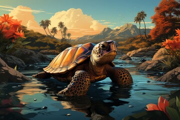 a turtle is swimming in a river with mountains in the background
