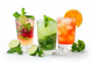 Mojito and refreshing cocktails with mint, lime and orange. White background