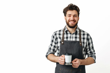 Man in Apron Holding Cup of Coffee