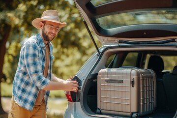 Man wearing a hat and on a sunny day is putting luggage in the trunk of his car. Concept travel, getaway