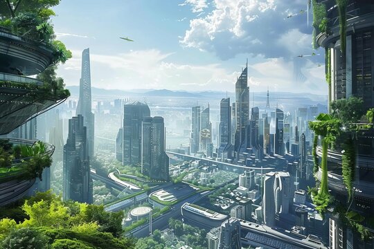 Concept art of a futuristic city filled with green spaces Vertical gardens And eco-friendly buildings Envisioning a sustainable urban future.