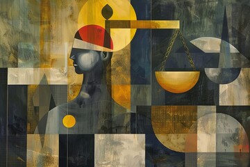 Conceptual artwork showcasing the theme of legal fairness Featuring a blindfolded figure balancing scales in an abstract environment.