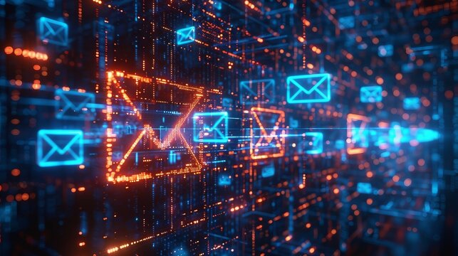 database email, a series of emails being sent out and tracked on a digital dashboard, email marketing concept.