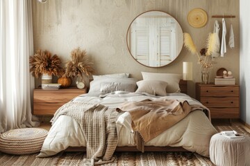 Interior of modern bedroom with beige walls, wooden floor, comfortable double bed with beige blanket, round mirror, plants and wooden wardrobe.