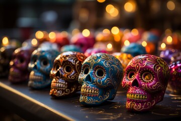 a row of colorful sugar skulls are sitting on a table - Powered by Adobe