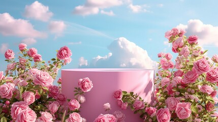 Pink podium for product display with blue sky background surrounded by pink roses with spring theme...