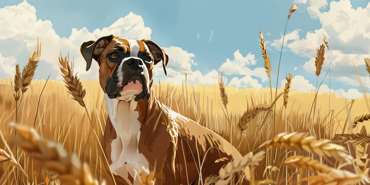 painting of a brown and white dog in a wheat field, generative AI