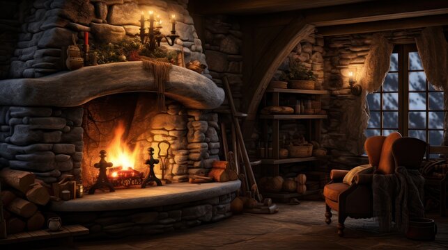 Digital illustration of a log cabin family room, with a heating fireplace in winter. Outdoor view from large glass windows.	
