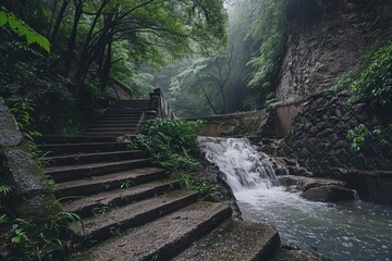 waterfall in the forest near some stairs