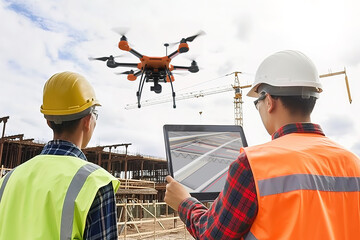 Man remote operating a drone at a construction site, technology in engineering and planning, UAV professional