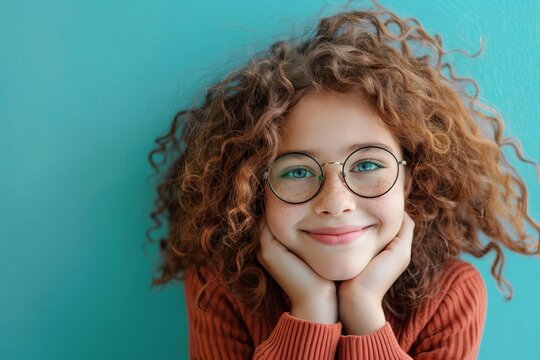 Curly-haired young girl wearing oversized glasses Posing with joy and confidence on a bright turquoise background