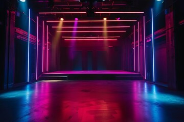 Dark stage illuminated by vibrant neon lights Creating an empty yet inviting atmosphere for performances or presentations.