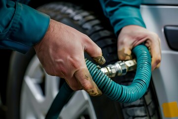 Detailed view of a mechanic's hands expertly attaching a hose to inflate a car tire Showcasing precision and expertise in a workshop setting.