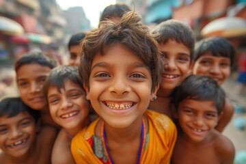 A group of boys on the street in India, smile and laugh to the camera, wide angle close up - obrazy, fototapety, plakaty
