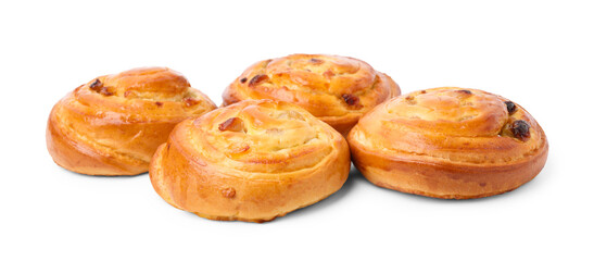 Delicious rolls with raisins isolated on white. Sweet buns