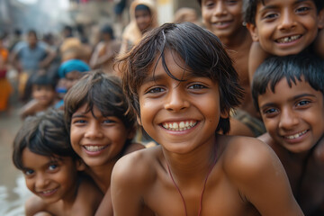 A group of boys on the street in India, smile and laugh to the camera, wide angle close up