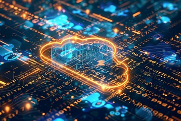 Digital hologram featuring a futuristic cloud icon Surrounded by blue and golden light digits and code Embodying cloud computing and data technology.
