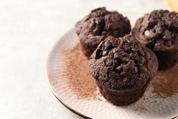 Delicious chocolate muffins and cacao powder on light grey table, closeup. Space for text