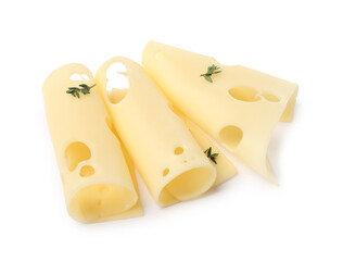 Slices of tasty fresh cheese and thyme isolated on white
