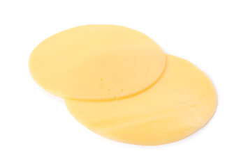 Slices of tasty fresh cheese isolated on white