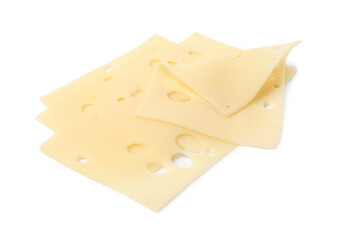 Slices of tasty fresh cheese isolated on white