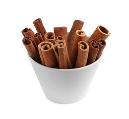 Cinnamon sticks in bowl isolated on white