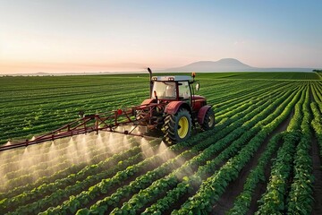Drone capture of eco-friendly agricultural practice With a tractor spraying organic pesticides over lush green crops at dawn - obrazy, fototapety, plakaty