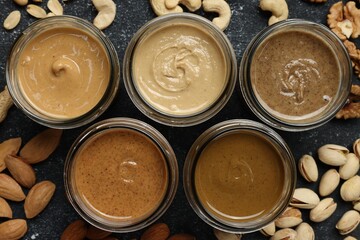 Tasty nut butters in jars and raw nuts on dark gray table, flat lay