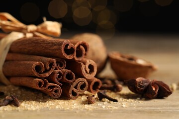 Different aromatic spices on table, closeup view