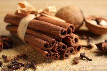 Different aromatic spices on table, closeup view