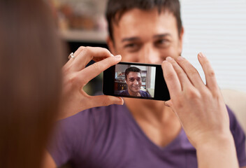 Phone screen, photography and couple in house happy, bonding and having fun together. Smartphone,...