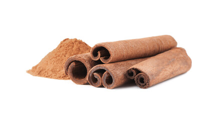 Dry aromatic cinnamon sticks and powder isolated on white