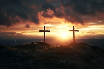 Silhouette of multiple crosses on a hilltop overlook a vibrant sunset