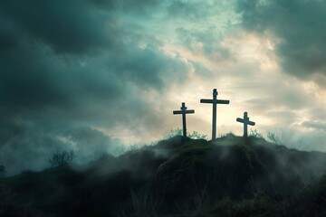 Multiple crosses on a dark hill under a brooding stormy sky