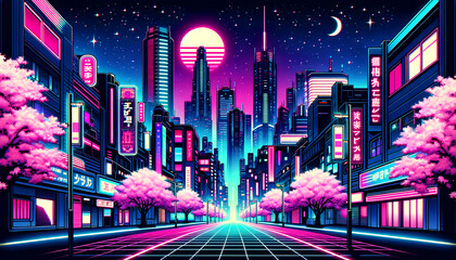 Neon Glow Synthwave Cityscape: Futuristic Tokyo Night Skyline in Vibrant Pink and Blue Hues. AI Generative.  - obrazy, fototapety, plakaty