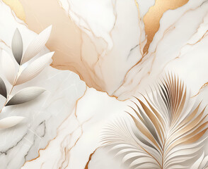 White Marble Texture with Gold Leaf Design for Luxury Backgrounds. AI Generative. 