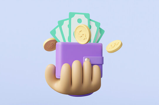 3D rendered illustration of a financial concept about investing or saving money safely with a cartoon businessman's hand with a wallet. For growth, wealth, development icons