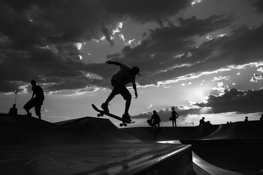 Dynamic urban skatepark scene with skilled skateboarders performing tricks at sunset Capturing the energy and youth culture of skateboarding.