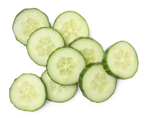 Pile of fresh cut cucumber isolated on white, top view