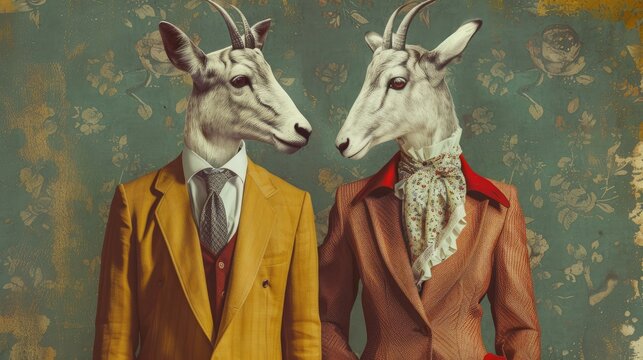 Set of photos of man and woman with animal heads wearing vintage clothes. Contemporary art, fashion, emotions, advertising, sales, surrealism, sign posters.