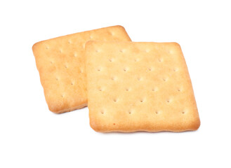 Two crispy crackers isolated on white. Delicious snack