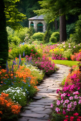 Fototapeta na wymiar Victorian-Style Flower Garden with Vibrant Colors and Charming Bird Bath Centerpiece