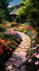 Victorian-Style Flower Garden with Vibrant Colors and Charming Bird Bath Centerpiece